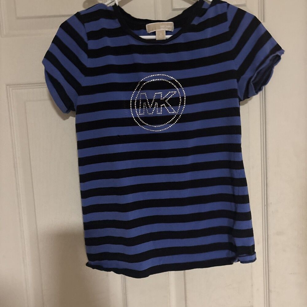 Women's Michael Kors Stripe  Short Sleeve Shirt With Jewel Emblem - Size Small